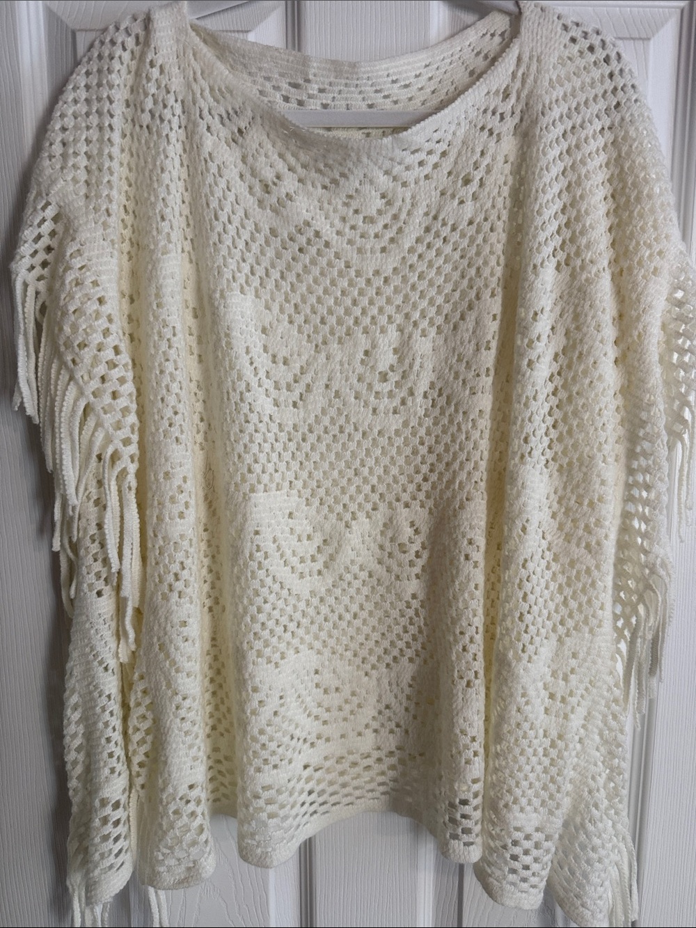 Light Cream Open-Knit very lightweight crochet Fringe poncho boho S-XL
